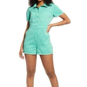 BP Teal Short Sleeve Button-Up Romper